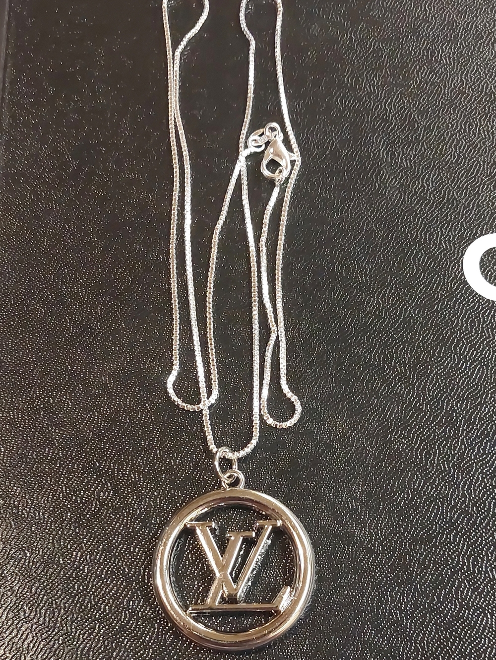 LV Silver-Tone Logo Round Charm Pendant Necklace 925 SS